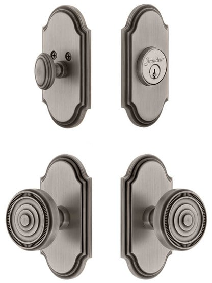 Grandeur Arc Entry Door Set, Keyed Alike with Soleil Knobs in Antique Pewter.